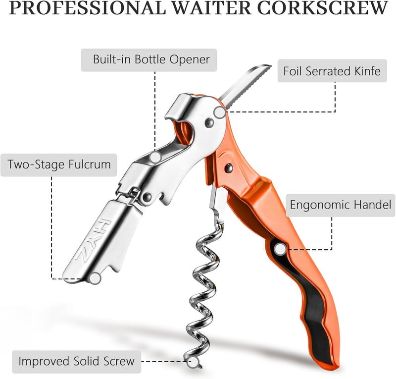 HYZ 2-Pack Wine Opener Waiter Corkscrew, Professional Wine Key for Servers, Bartender with Foil Cutter, Manual Wine Bottle Opener Double Hinged (Orange) - Image 2
